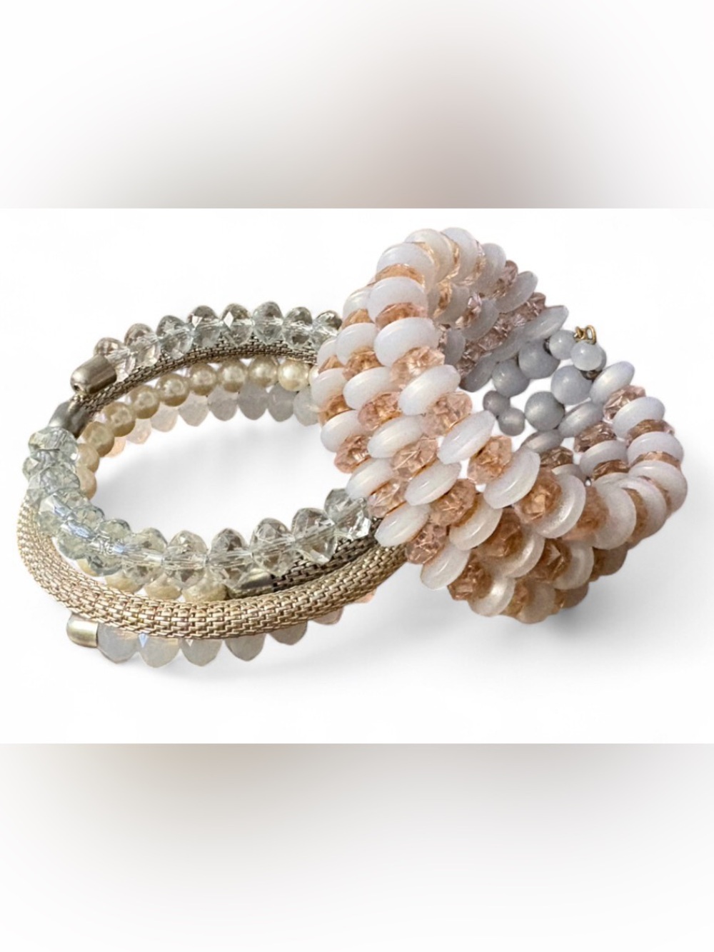 Boho Beaded Memory Wire Coil Wrap Bracelet Stack • Neutral Champagne Set of 2